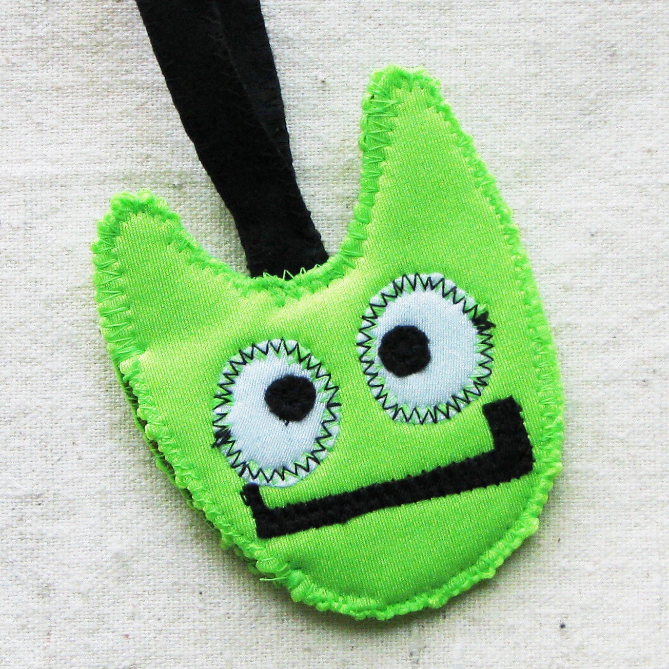 Kids luggage tag - whimsical monster in neon bright lime green fabric
