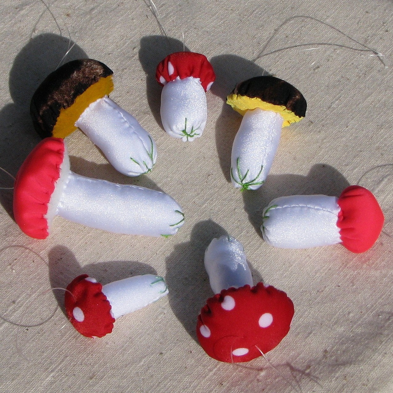 Fairy mushroom ornaments, soft and squishy, great for childhood Christmas trees, set of 7