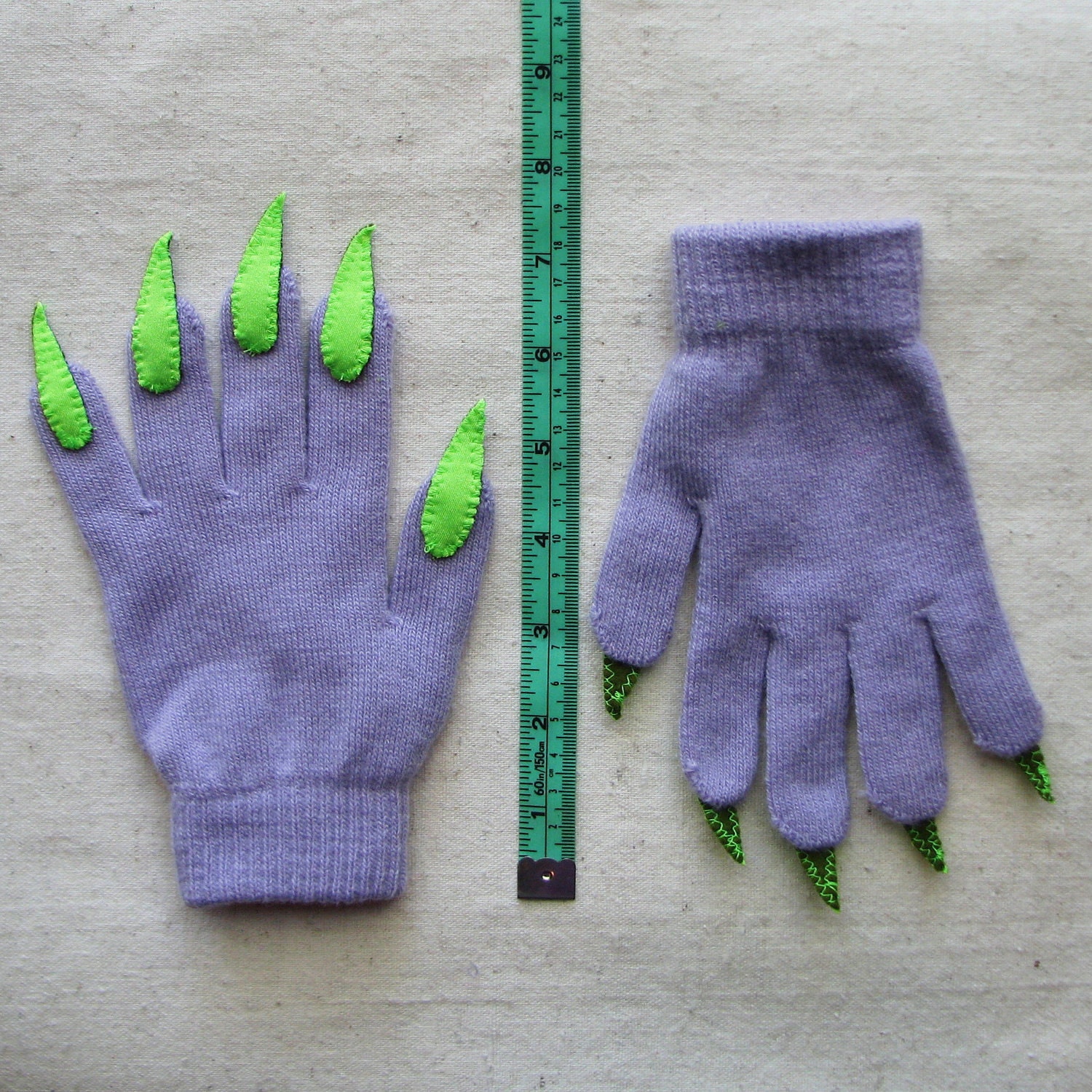 Gloves with claws, purple and green, for Halloween costume or pretend play, one size stretch glove