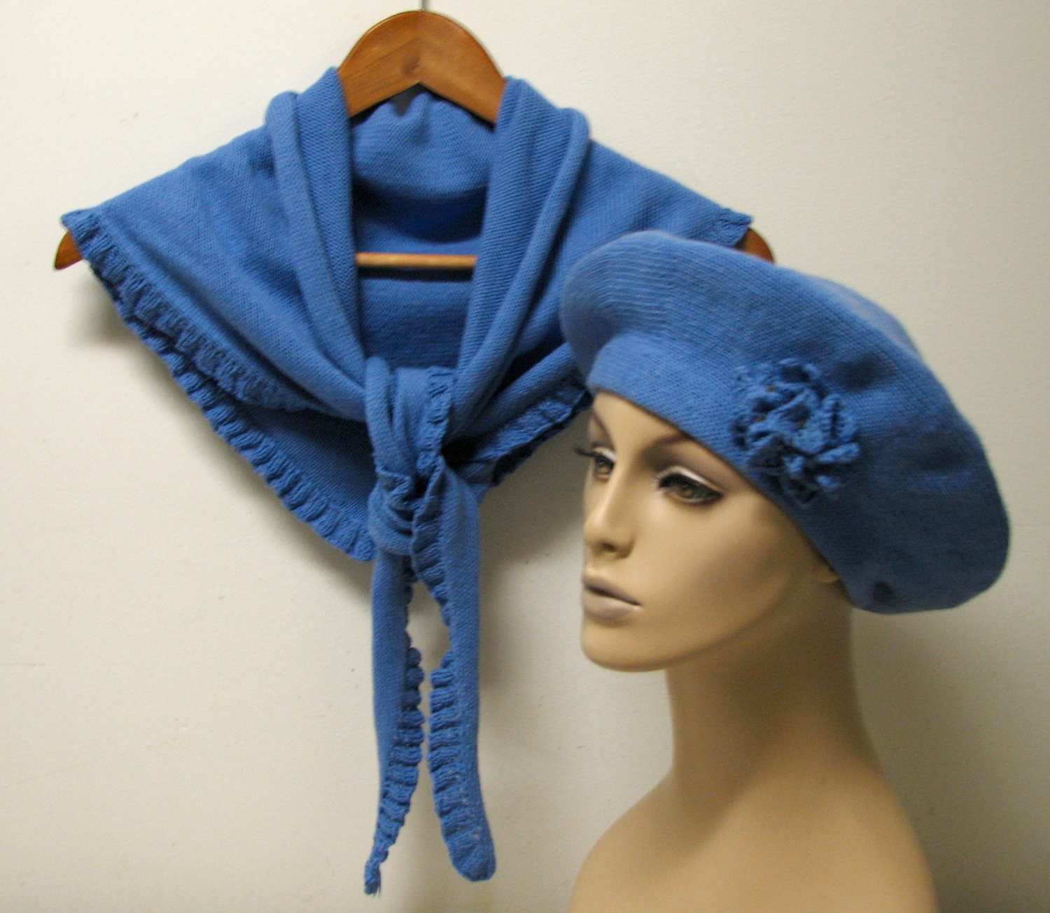 Hand Knit Set - Beret and Shawl - Cashmere/Cotton Blend - Ready to ship