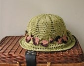 Crochet Sun Cloche/Bucket Hat with Naturalistic Pansy Ribbon - Pure Linen