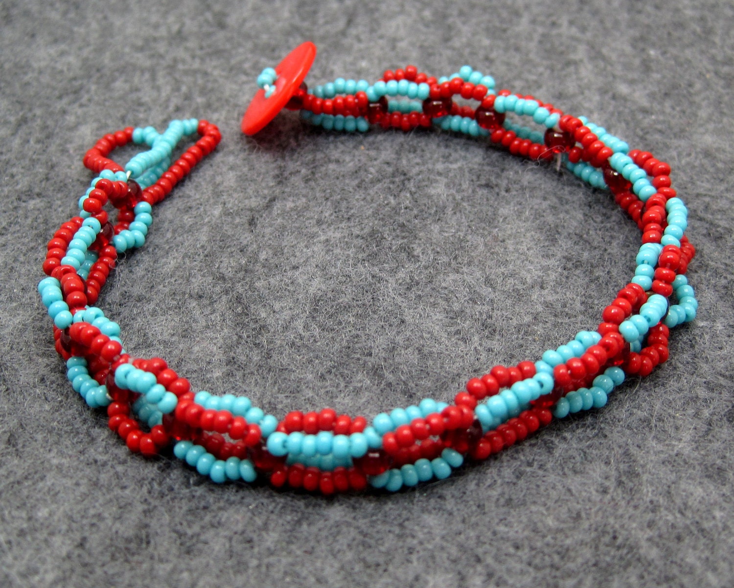 Beaded Bracelet - Turquoise Blue and Red by randomcreative on Etsy