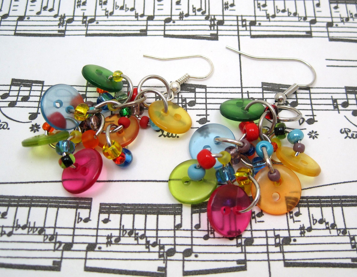 Button Dangle Earrings - Bright Colorful Multicolored Rainbow by randomcreative on Etsy