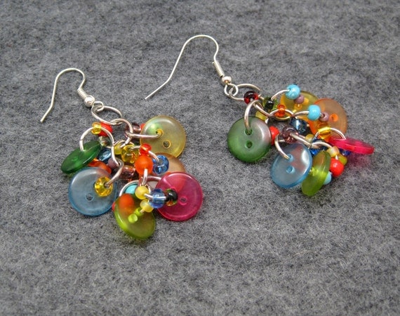 Button Dangle Earrings - Bright Colorful Multicolored Rainbow by randomcreative on Etsy