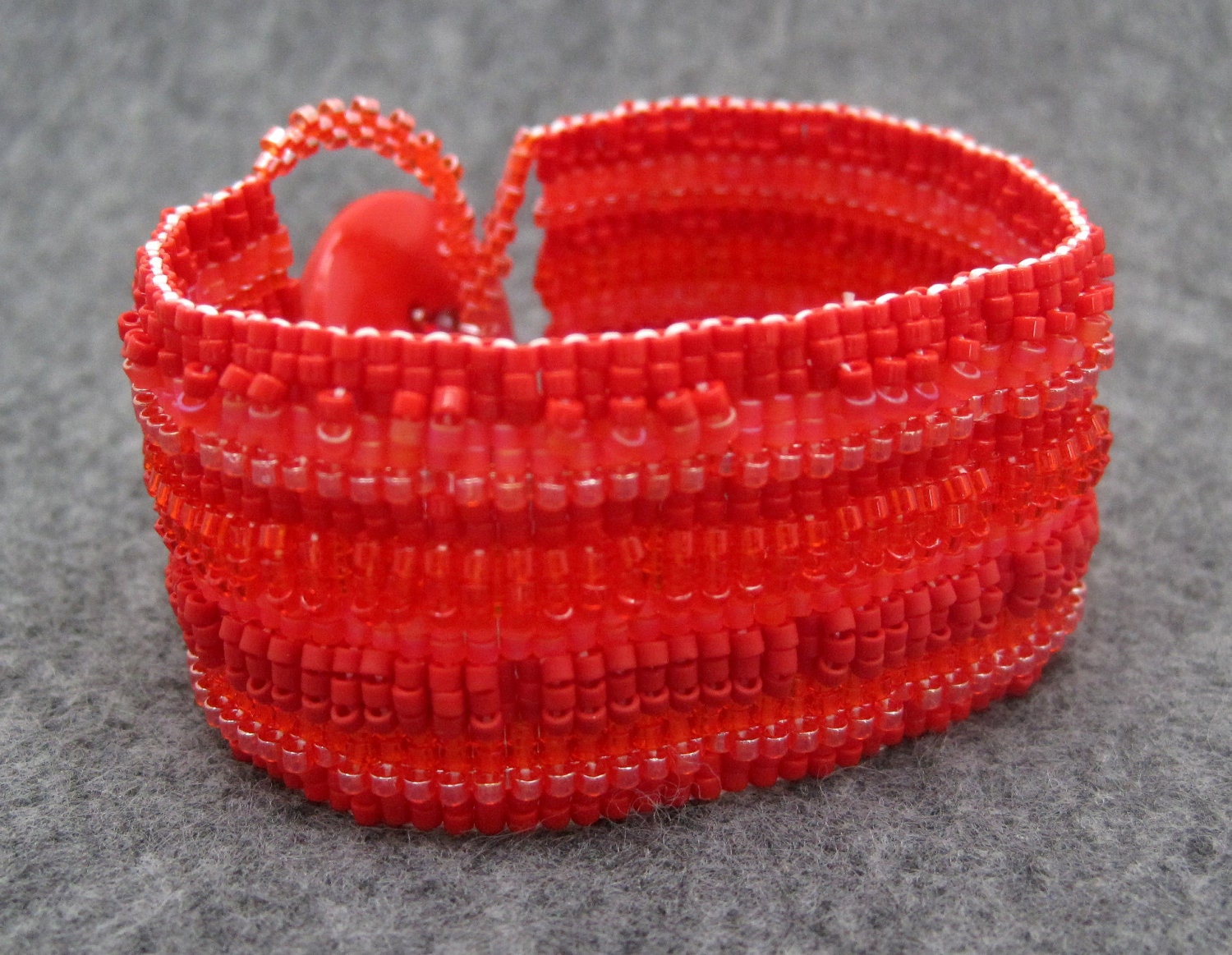 Beaded Cuff Bracelet - Red Striped Embellished by randomcreative on Etsy