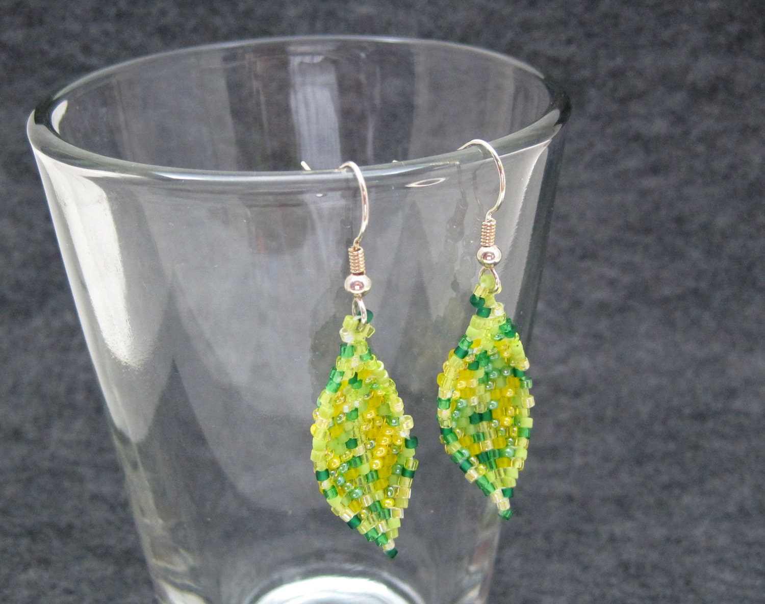 Beaded Dangle Earrings - Indian Summer Leaves Yellow Light Green by randomcreative on Etsy