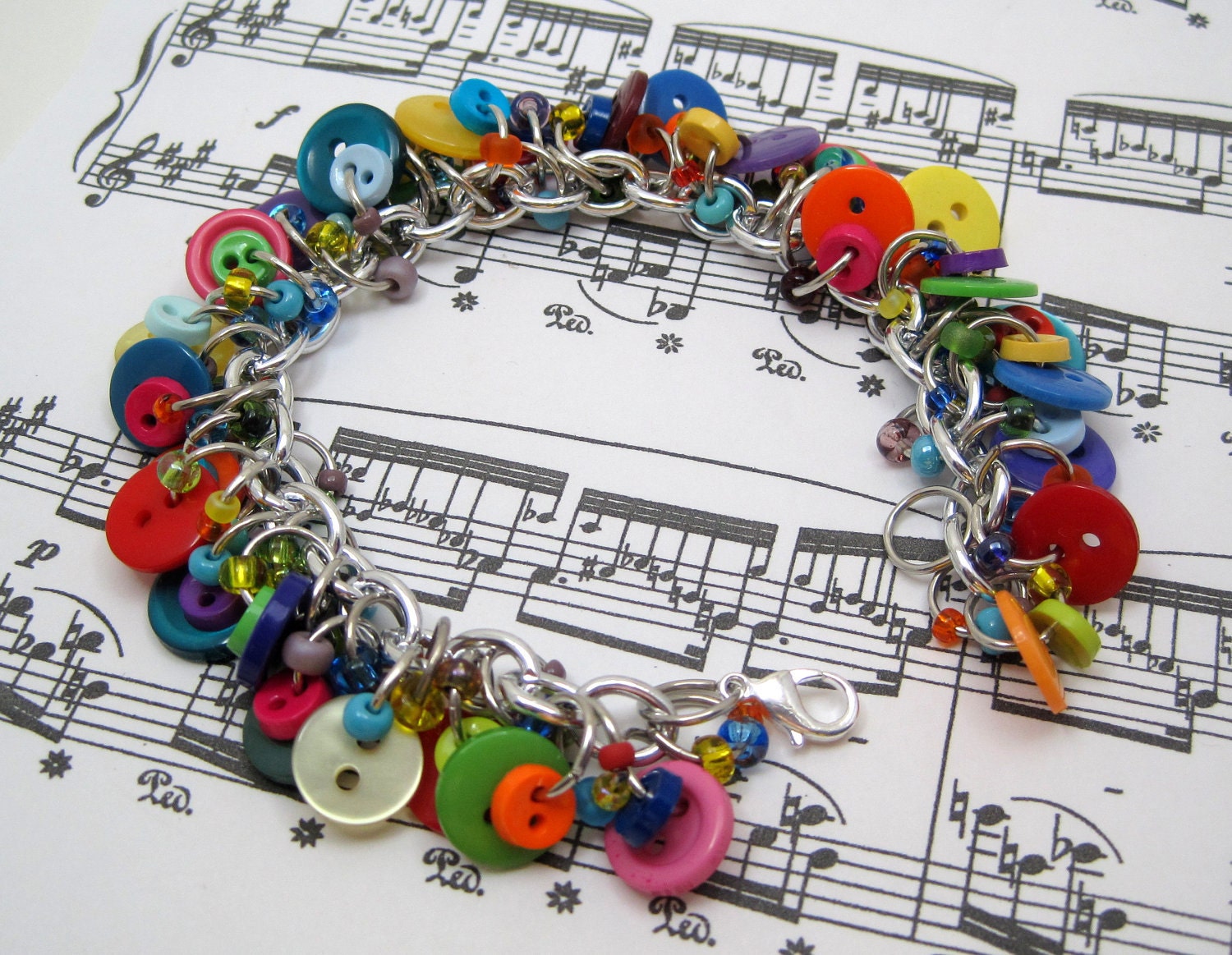 Button Charm Bracelet - Bright Colorful Multicolored Rainbow by randomcreative on Etsy