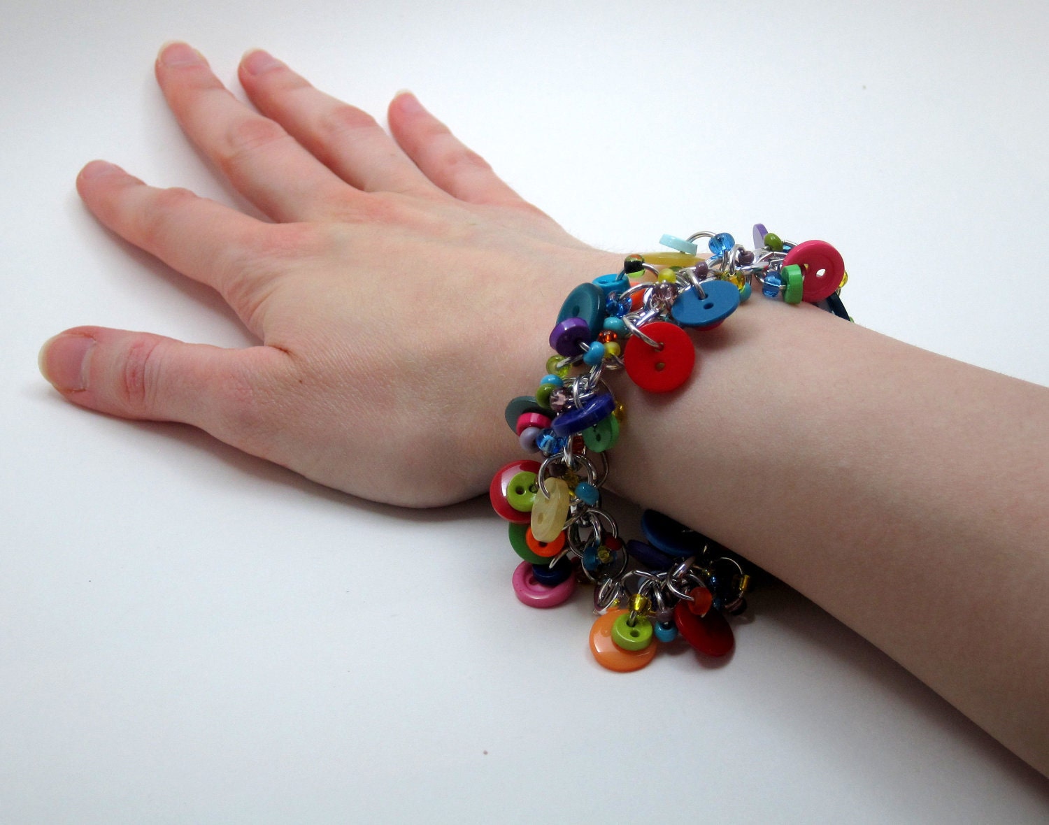 Button Charm Bracelet - Bright Colorful Multicolored Rainbow by randomcreative on Etsy