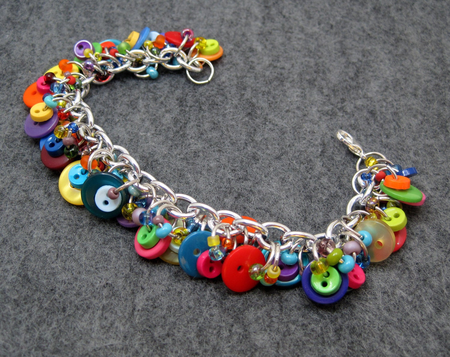 Button Charm Bracelet - Bright Colorful Multicolored Rainbow by randomcreative on Etsy