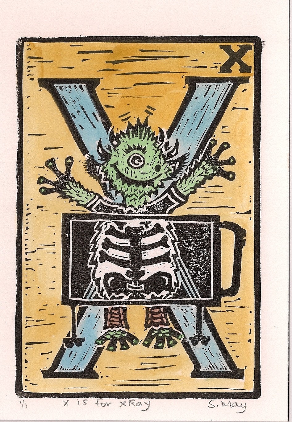 X is for XRay Alphabet Print - hand printed and painted by monster in the closet on etsy