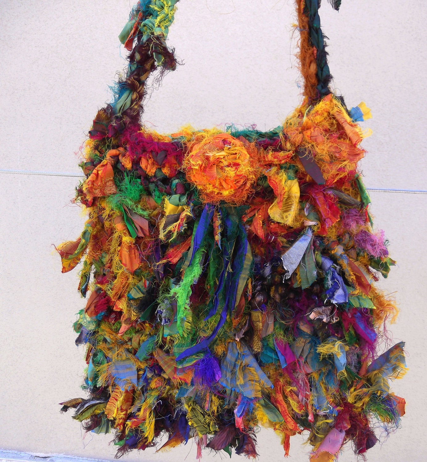Recycled Sari Silk  Very Raggy Sunshine Rainbow Ribbon Bag  Hand Crocheted by plumfish