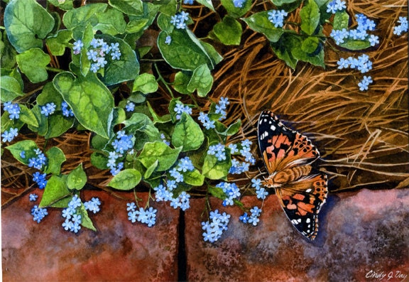 Butterfly and botanical watercolor 8x10 matted giclee print - Gardens Edge