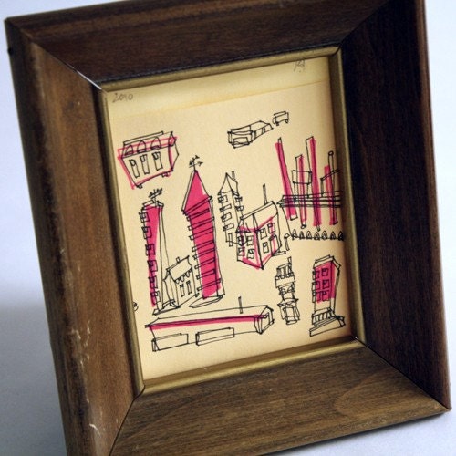 Mini Retro Cityscape - ink drawing on library book pocket (pink and black)