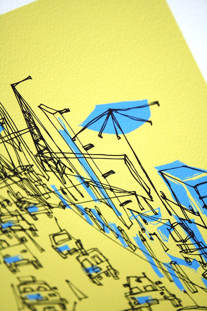 retro Los Angeles illustration cars print "Paradise City" yellow & blue limited edition (24x36")