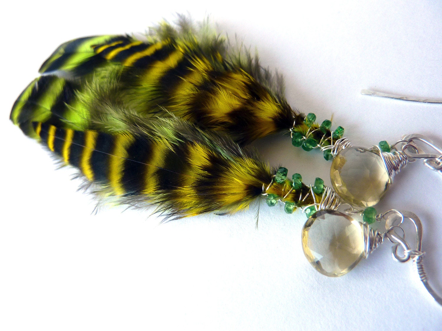 Tsavorite Garnet and Lemon Quartz Feather Sterling Earrings