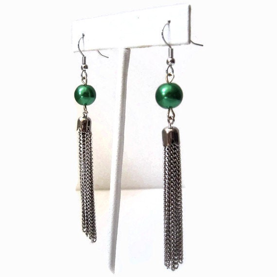 WOMEN'S JEWELRY: Earrings Silver Chain Green Glass Pearl