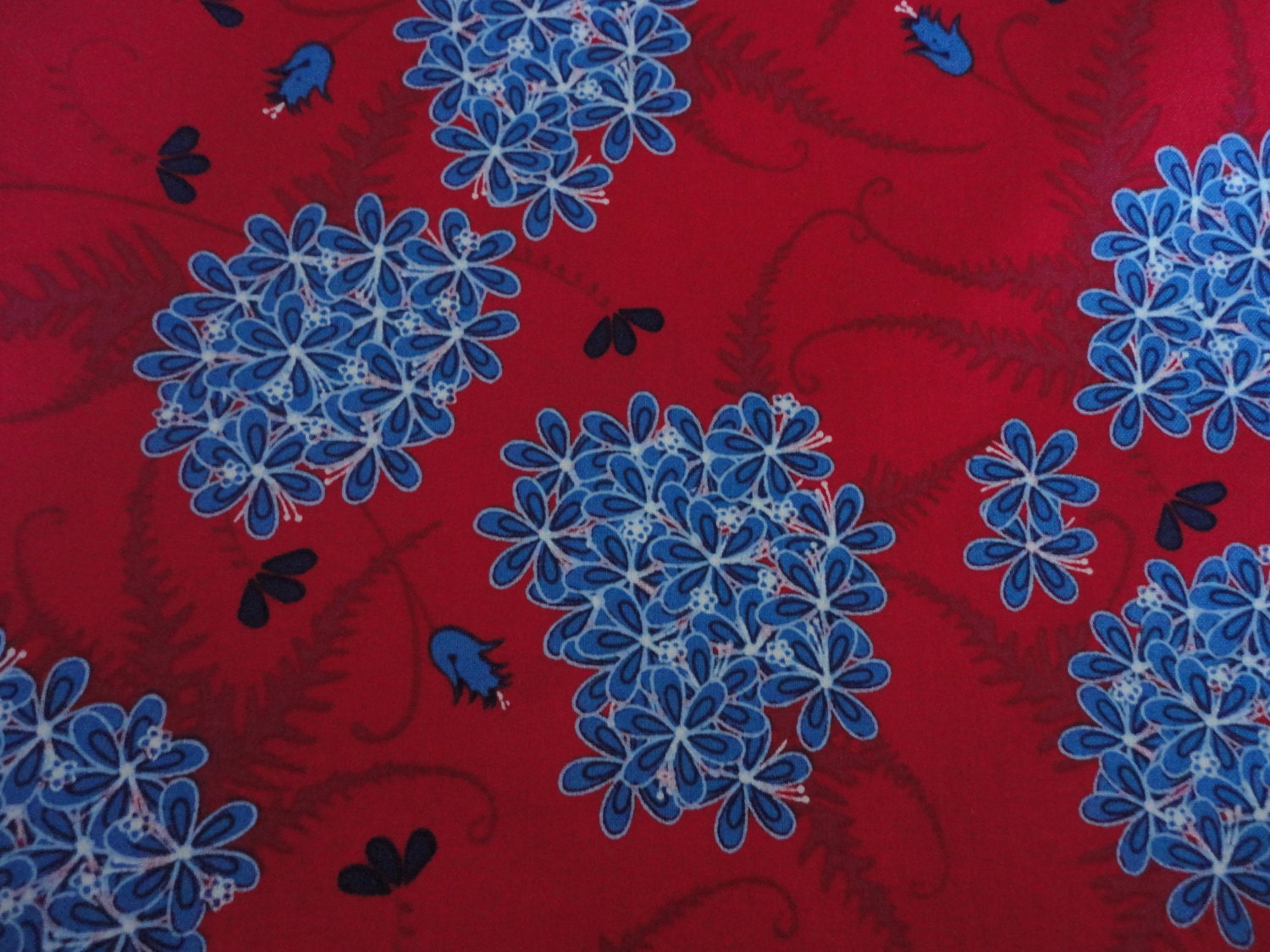 Cotton Fabric, Red, White and Blue Flowers and Ferns, 1 Yard