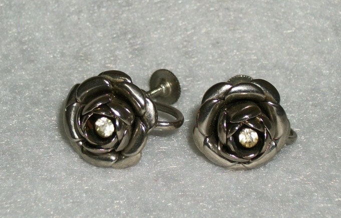 Gorgeous Silvertone Rose Ear Screws with Center Faux Rhinestone