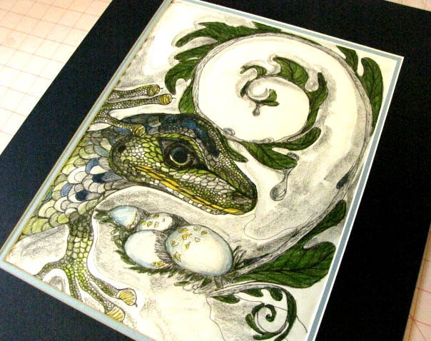 Original 16x20 Pencil, Ink and Colored Pencil Drawing of  Lizard " Protector or Predator"  By Misty Langham