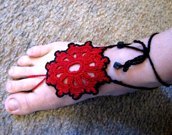 Crocheted Barefoot Sandals in Black and Red