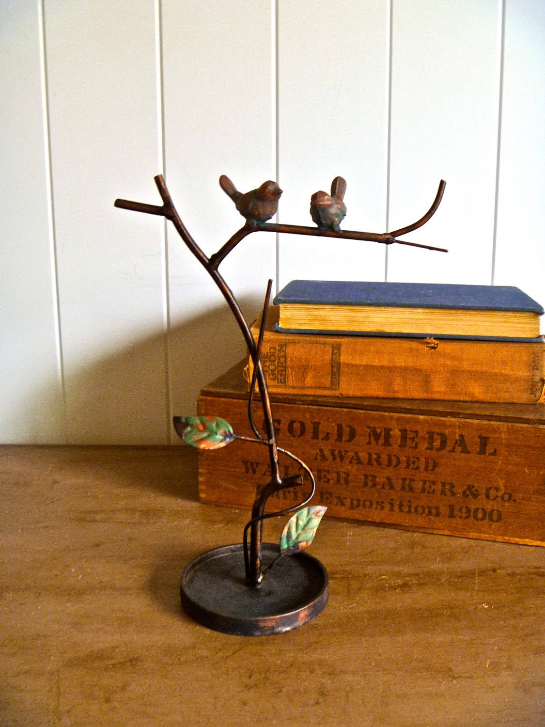 Maya- Small jewelry organizer Hand Painted Vintage Brass display wrought iron with love birds on tree branch and tray