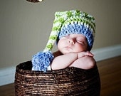 Newborn elf Hat Crochet Pixie Stocking Pom Pom Beanie Hat Stripes lime blue white perfect for photo props newborn