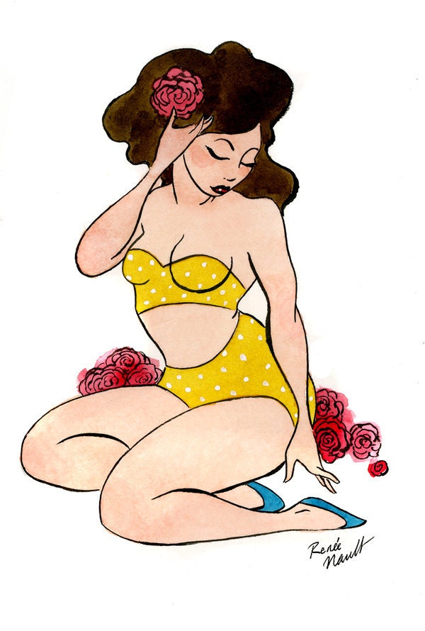 Retro Girl 1 - 4 x 6 Original Painting - ink and watercolor