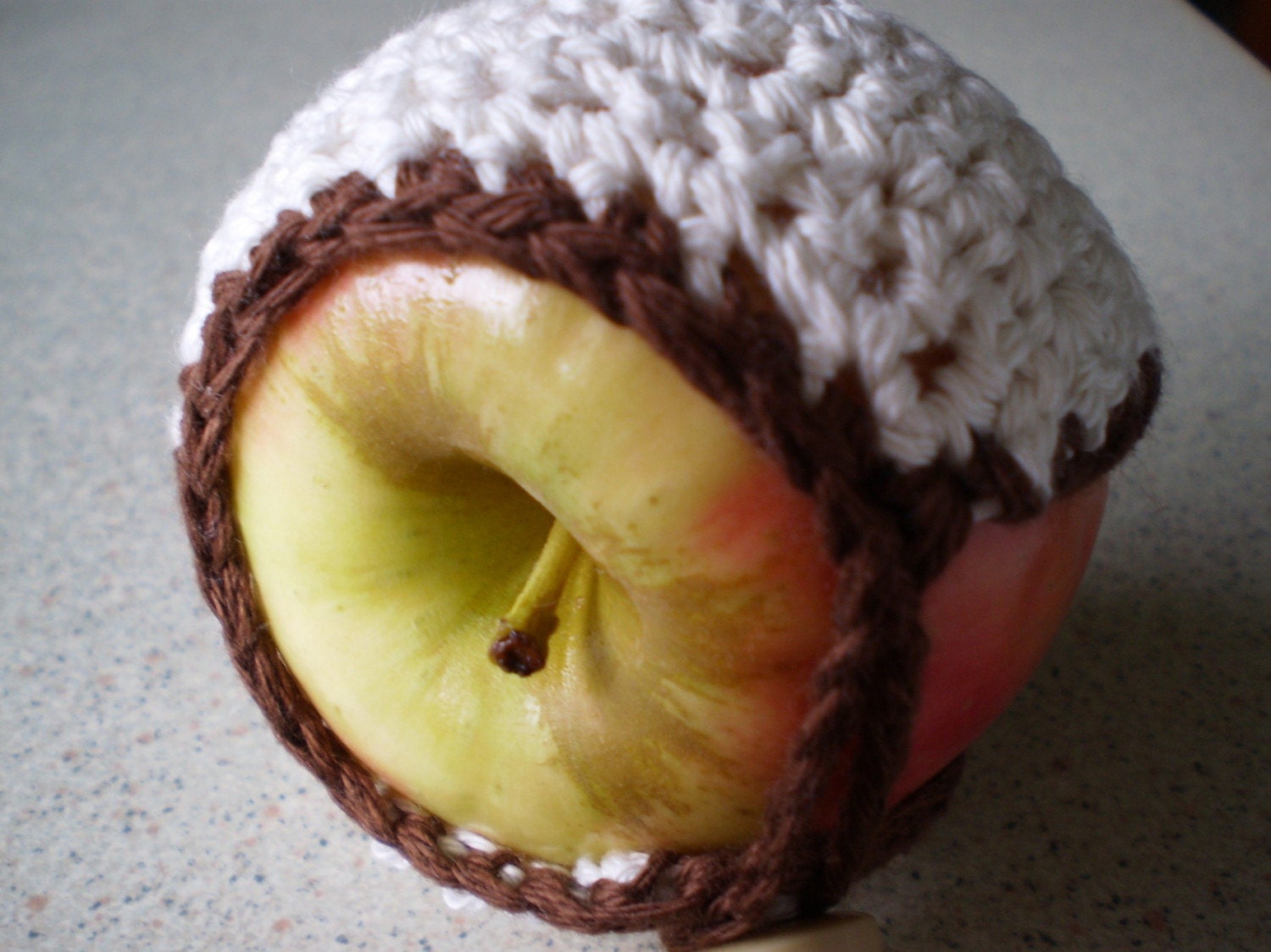 Hand Crocheted Apple Cozy  Creamy White And Chocolate Brown
