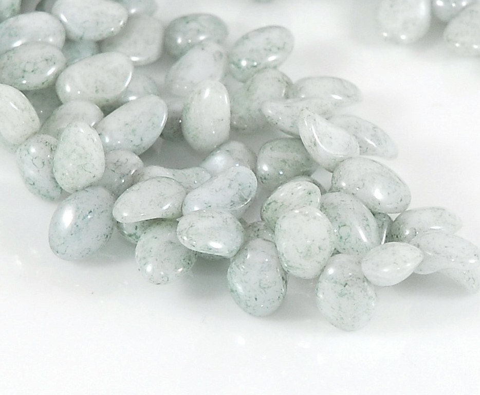 White Alabaster Green Luster Czech Glass 6x8mm Leaf  - 20 pieces   (ST411)