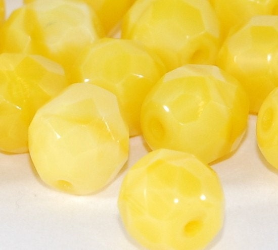 Yellow Milky Silk 10mm Faceted Round Czech Fire Polish Glass Bead - 10  (ST484)