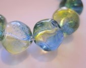 Blue Green and Yellow Czech Fire Polish Glass 10mm Baroque  - 10 pieces     (ST512)