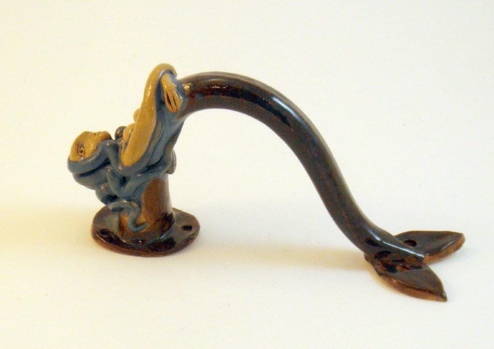 Handle, Mermaid- SALE- Decorative Blue Stoneware Ceramic Door, Cabinet Grip