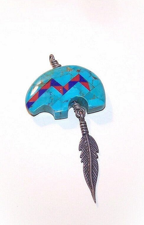 Vintage Turquoise & Multi-Stone Inlay Fetish Pendant of a Bear - Southwestern Style....