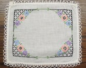 Charming Little Linen Doily Pink Blue Purple Flowers Basket Weave Design Tatted Trim