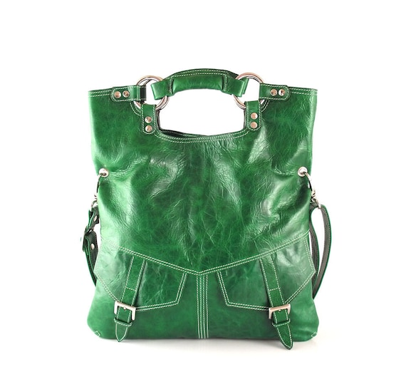 Bright  emerald green leather handbag / shoulder bag / purse / tote / Brook / tftateam