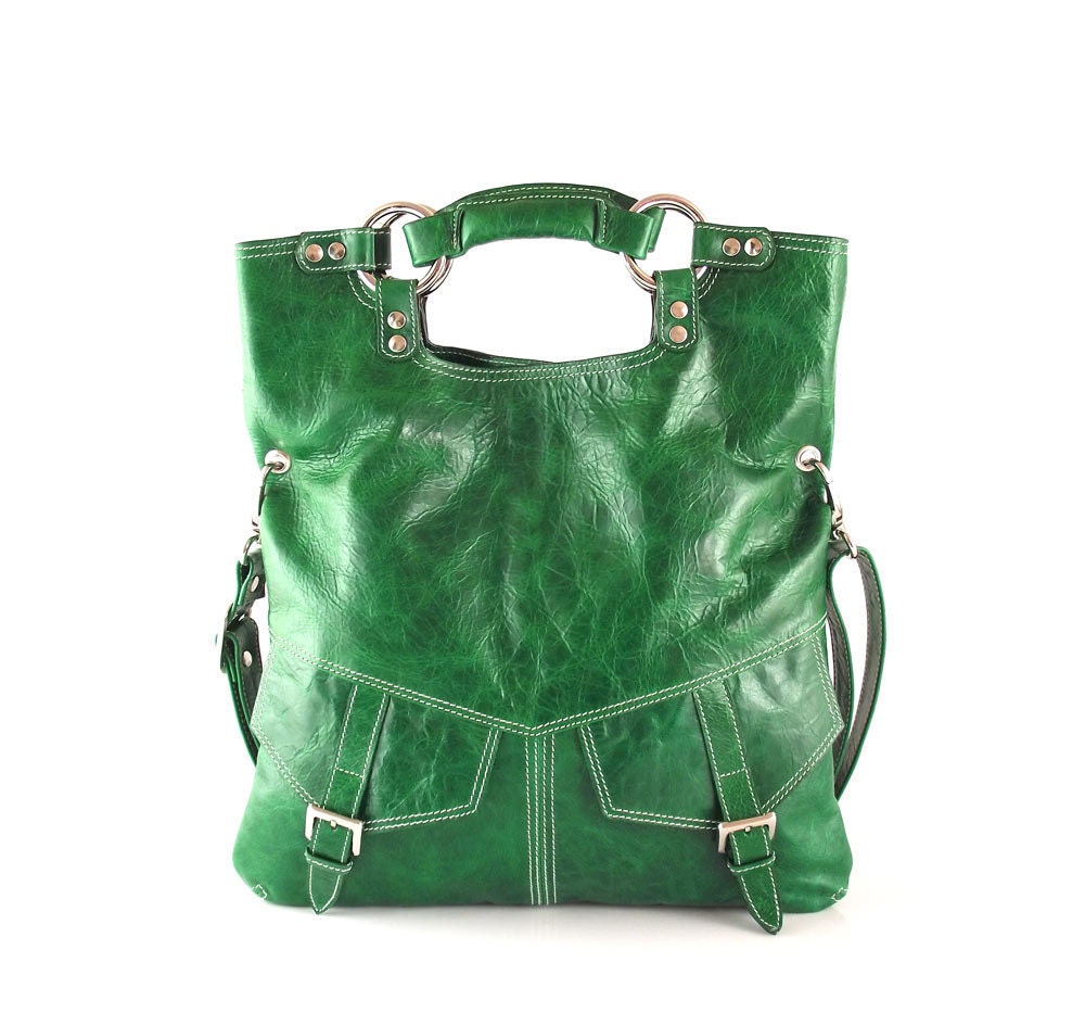 Bright  emerald green leather handbag / shoulder bag / purse / tote / Brook / tftateam