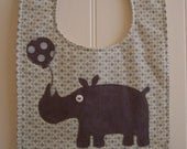 Bib, baby boy bib, unique handmade baby gift, adorable homemade rhino applique, designer fabric, three absorbent layers