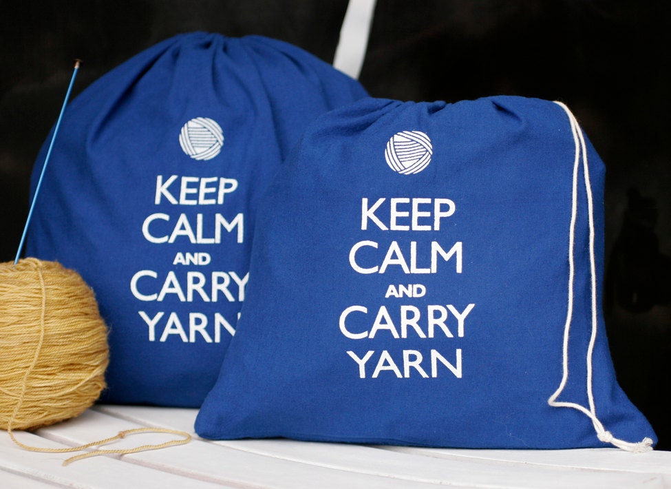 Small knitting project bag - Keep Calm and Carry Yarn - superhero blue