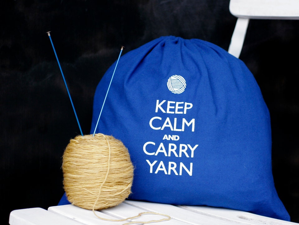 Large knitting project bag - Keep Calm and Carry Yarn - superhero blue