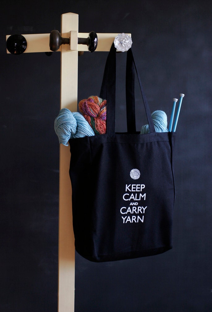 Canvas Knitting/Crochet Tote - Keep Calm and Carry Yarn - Black
