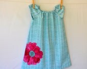 Modern Girls Peasant Dress . Tunic . Aqua Chevron . Scarlet Poppy Applique . Photography Session