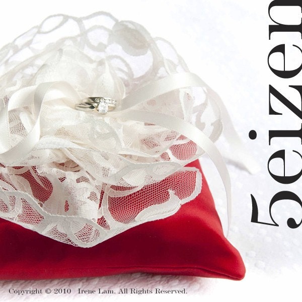 Bloomi Series IV - Ivory Lace Bloom and Red Wedding Ring Pillow