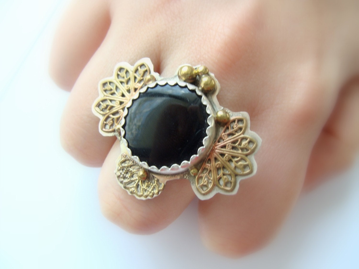 Silver Steampunk ring - silver brass - filigree elements and big onyx bead steampunk