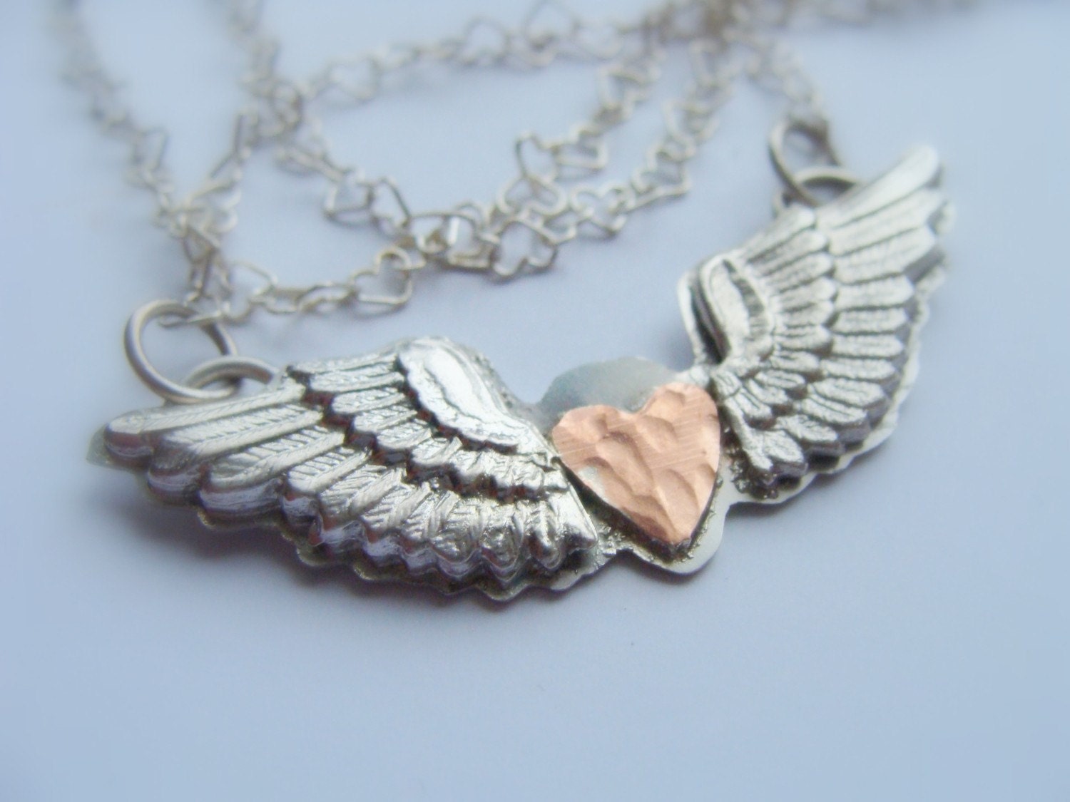 Valentine Winged Heart sterling silver necklace - Metalwork silver wings and cooper heart - Valentine necklace