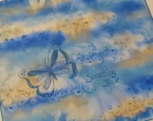 Something Blue Silk Handkerchief Hand Painted Ladies Bridal Hankie Scarf Blue Sky Tan Sapphire Butterfly