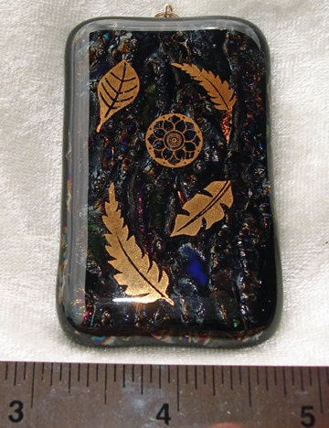 Gold Leaves Fused Glass Rectangular Pendant
