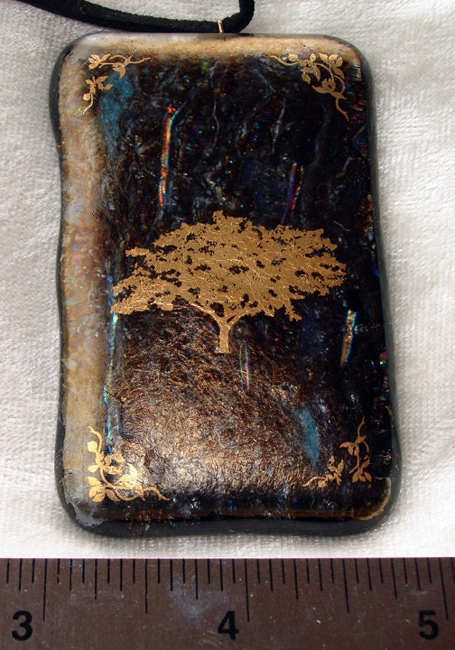 Gold Tree Fused Glass Rectangular Pendant