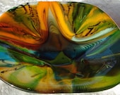 Yellow, Blue and Green Fused Glass Tie Dye Bowl