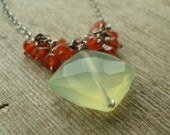 SALE Green Chalcedony and Carnelian Beaded Cluster Necklace - Bright Orange and Spring Green Wire Wrapped Gemstone Pendant