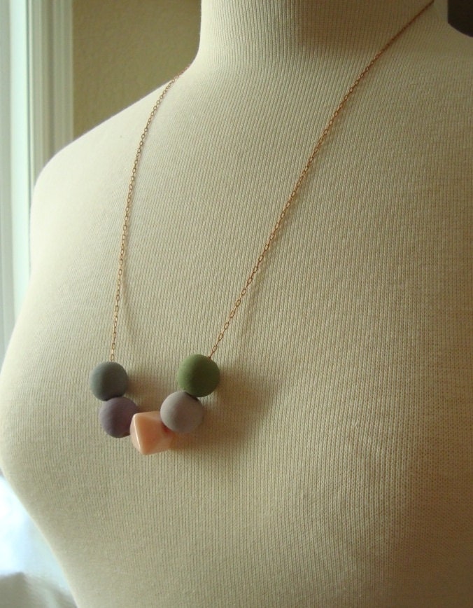 Wooden Bead Necklace - Handpainted Beads and Vintage Lucite on Brass Chain-  Lavender, Gray, Green, Pink